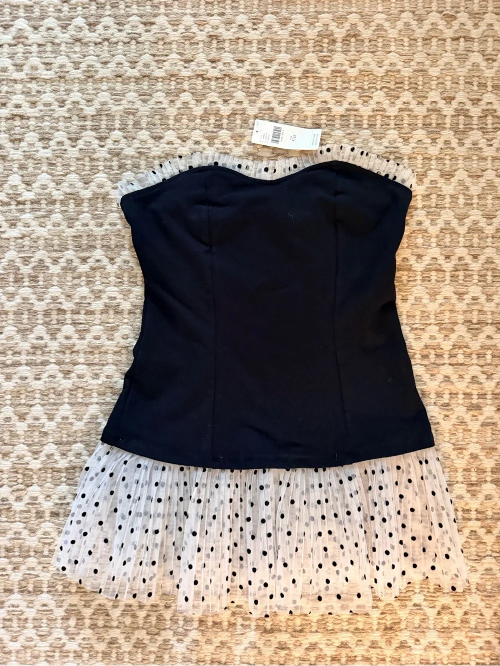 Maeve Navy Strapless Peplum Top with Sheer Polka-Dot Trim - Picture 3 of 4